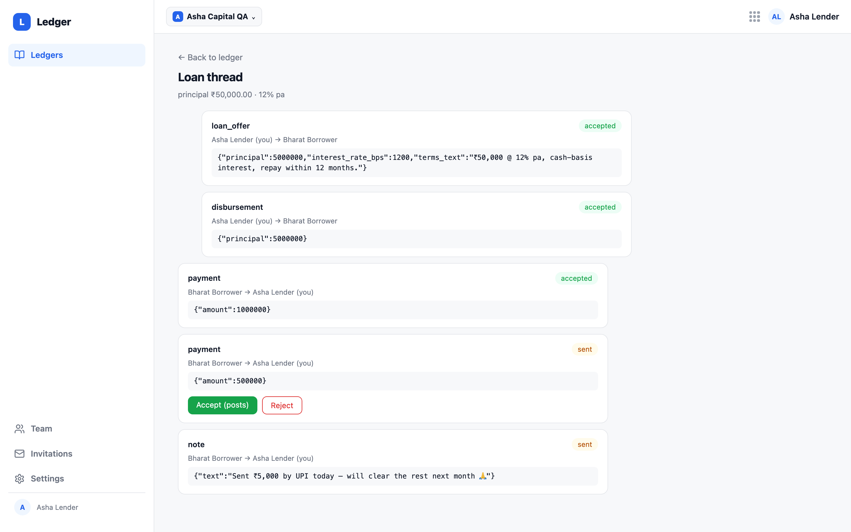 A loan thread of typed messages - offer, disbursement, payment and note - with Accept and Reject on a pending payment
